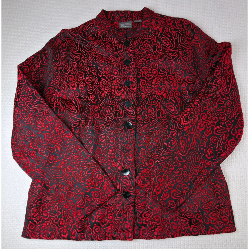Chico's Jacquard Jacket Women Size 2 Red Black Floral Damask Blazer Excellent
